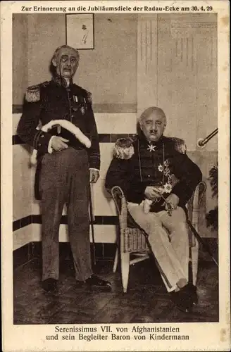 Ak Serenissimus VII von Afghanistanien mit Baron von Kindermann, Radau Ecke 30.4.1929