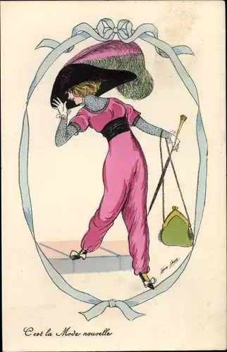 Künstler Ak Sagar, X., La Nouvelle Mode, Frau mit riesigem Federhut, Handtasche