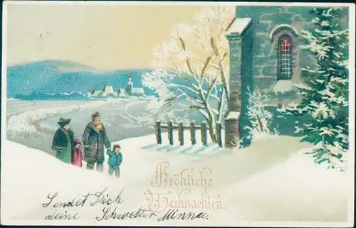 Litho Glückwunsch Weihnachten, Familie, Spaziergang, Winterszene