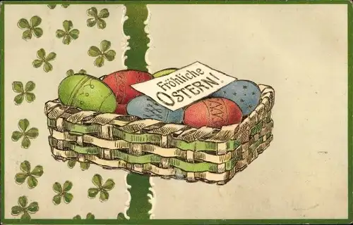 Präge Ak Glückwunsch Ostern, Ostereier, Glücksklee