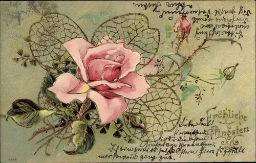 Präge Glitzer Litho Glückwunsch Pfingsten, Blühende Rose