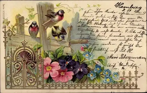 Präge Litho Vogelhäuschen, Vögel, Blumen, Veilchen, Vergissmeinnicht