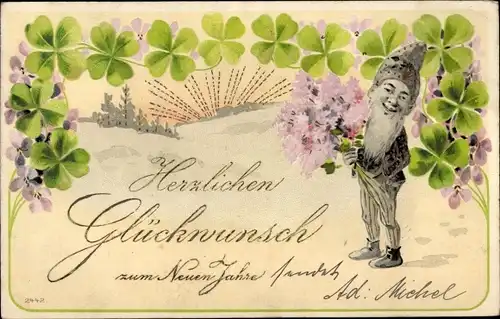 Präge Litho Glückwunsch Neujahr, Zwerg, Blumenstrauß, Glücksklee