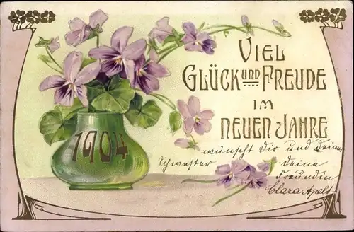 Präge Litho Glückwunsch Neujahr 1904, Veilchen, Blumenvase