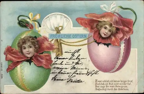 Litho Glückwunsch Ostern, Kinder-Portraits, Ostereier, Blumen