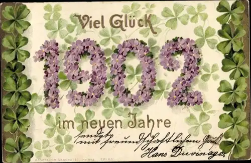 Präge Litho Glückwunsch Neujahr 1902, Veilchen, Glücksklee