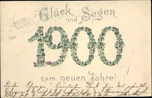 Litho Glückwunsch Neujahr 1900, Vergissmeinnicht