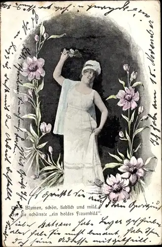 Ak Frau in weißem Kleid, Unter Blumen, schön, lieblich und mild...