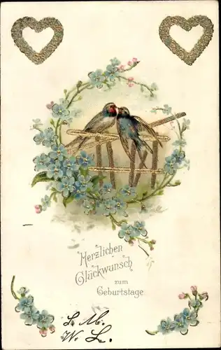 Präge Glitzer Litho Glückwunsch Geburtstag, Schwalben, Herzen, Vergissmeinnicht