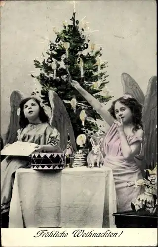 Ak Glückwunsch Weihnachten, Tannenbaum, Engel am Tisch