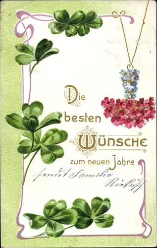 Präge Ak Glückwunsch Neujahr, Glücksklee, Blumen