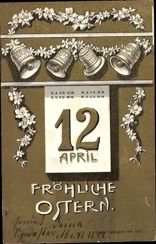 Präge Litho Glückwunsch Ostern, Kalender, Glocken, Blumen