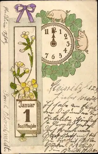 Präge Litho Glückwunsch Neujahr, Kalender, Uhr, Glücksklee, Blumen