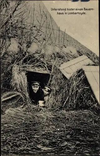 Ak Unterstand hinter einem Bauernhaus in Lombartzyde, I. WK