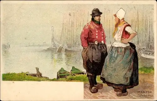 Künstler Litho Cassiers, H., Marken Nordholland, Mann u. Frau in Tracht, Hafen