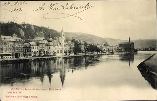 Ak Dinant Wallonie Namur, Maas flussaufwärts, rechtes Ufer