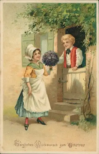 Ak Glückwunsch Geburtstag, Gratulantin mit Blumenstrauß, Geburtstagskind