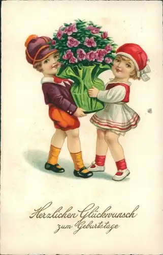 Ak Glückwunsch Geburtstag, Gratulanten, Blumenstrauß