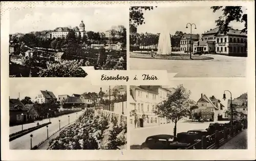 Ak Eisenberg in Thüringen, Brunnen mit Fontäne, Straßenpartie