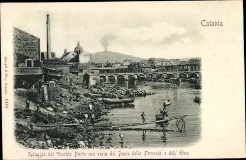 Ak Catania Sicilia, Spiaggia del Vecchio Porto con vista del Ponte della Ferrovia e dell' Etna