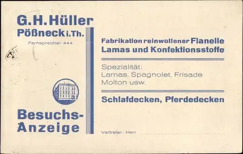 Ak Pößneck in Thüringen, G. H. Hüller. Fabrikation reinwollener Flanelle, Besuchsanzeige