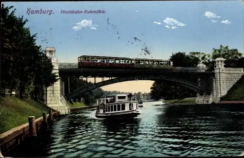 Ak Hamburg Nord Kuhmühle, Hochbahn auf der Brücke, Boot