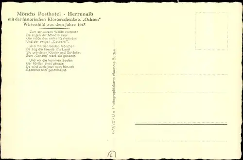 Ak Bad Herrenalb im Schwarzwald, Mönchs Posthotel, Zum Ochsen, Wirtsschild von 1663, Gedicht