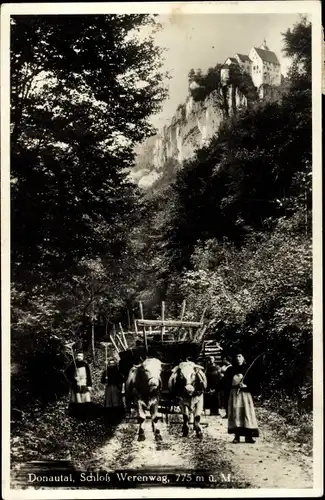 Foto Ak Langenbrunn Beuron in Württemberg, Schloss Werenwag, Ochsenkarren, Bauern