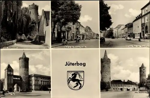 Ak Jüterbog in Brandenburg, Wappen, Alte Stadttürme, Platz der Jugend, Stadtmauer, Zinnaer Tor