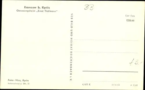 Ak Karnzow Kyritz in der Prignitz, Genesungsheim Ernst Thälmann