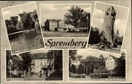 Ak Spremberg in der Lausitz, Bahnhof, Georgenbergturm, Krankenhaus, Schloss, Schwanenteich
