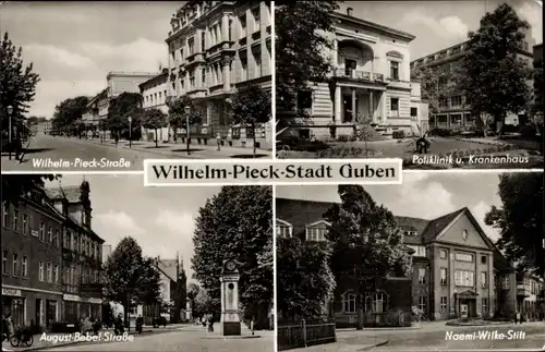 Ak Guben in der Niederlausitz, Wilhelm Pieck Straße, August Bebel Straße, Poliklinik, Krankenhaus