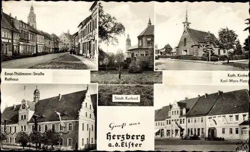 Ak Herzberg an der Elster, Kurbad, Kirche, Ernst-Thälmann-Straße, Karl-Marx-Platz, Rathaus