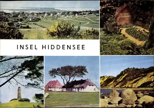 Ak Insel Hiddensee in der Ostsee, Dornbusch, Leuchtturm, Fischerhäuser, Grabstätte G. Hauptmann