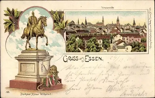 Litho Essen im Ruhrgebiet, Denkmal Kaiser Wilhelm I., Totale der Stadt