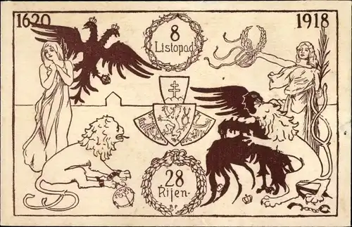 Ak Tschechoslowakische Republik 1620-1918, 8 Listopad, 28 Rijen, Wappen, Allegorien