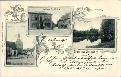 Ak Horneburg im Alten Land, Kirche, Schule, Bankhaus P. A. Schulte, Kalkwiese