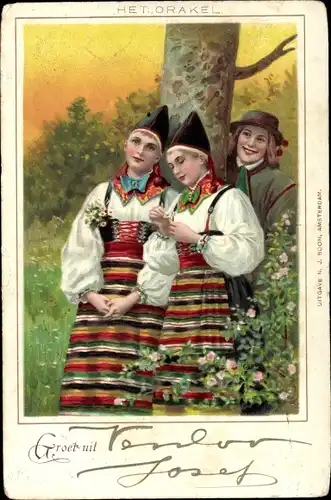 Litho Zwei junge Frauen und ein junger Mann in schwedischer Tracht, Blumen