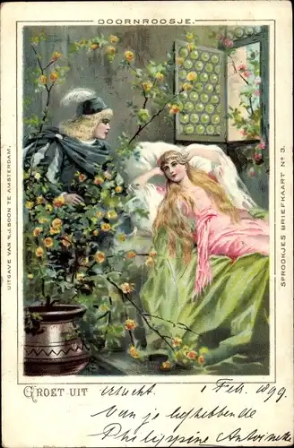 Litho Dornröschen, Prinz, Frau im Bett, Blumen, Märchen