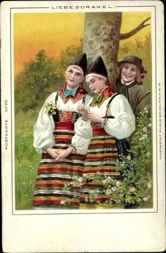 Litho Zwei junge Frauen und ein junger Mann in schwedischer Tracht, Blumen