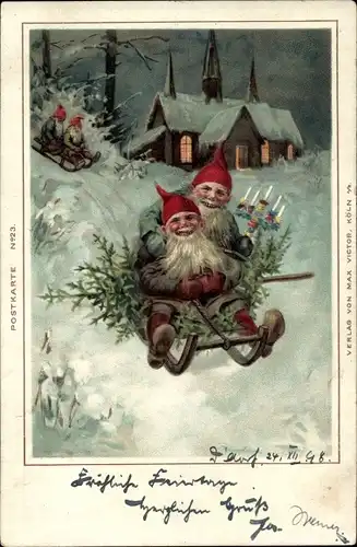 Litho Weihnachten, Zwerge, Schlittenfahrt, Tannenbaum