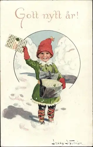 Künstler Ak Nyström, J., Glückwunsch Neujahr, Kind, Postbote, Brieftasche