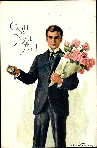 Künstler Ak Nyström, J., Glückwunsch Neujahr, Mann mit Blumenstrauß, Uhr