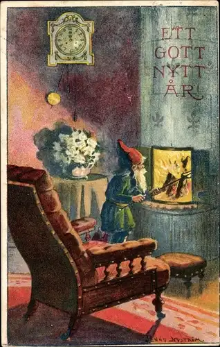 Künstler Ak Nyström, J., Glückwunsch Neujahr, Zwerg am Ofen, Flamme, Uhr, Sessel