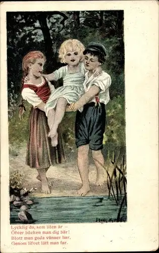 Künstler Litho Nyström, J., Kinder am Teich, Gewässer, Wald