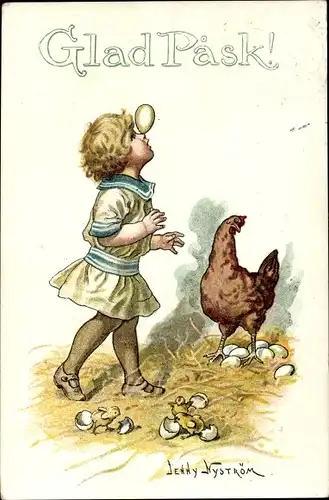 Künstler Ak Nyström, J., Glückwunsch Ostern, Kind, Henne, Küken, Ostereier