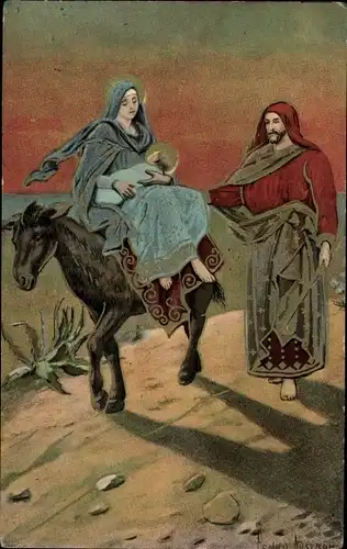 Präge Künstler Ak Nyström, J., Maria, Josef, Jesuskind, Esel