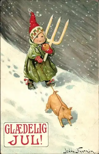 Künstler Ak Nyström, J., Glückwunsch Weihnachten, Kind, Dreizack, Schwein