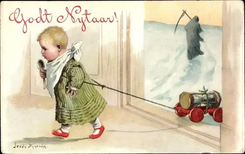 Künstler Ak Nyström, J., Glückwunsch Neujahr, Kind, Spielzeug, Sensenmann