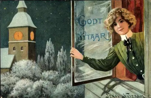 Künstler Ak Nyström, J., Glückwunsch Neujahr, Frau am Fenster, Kirchturm